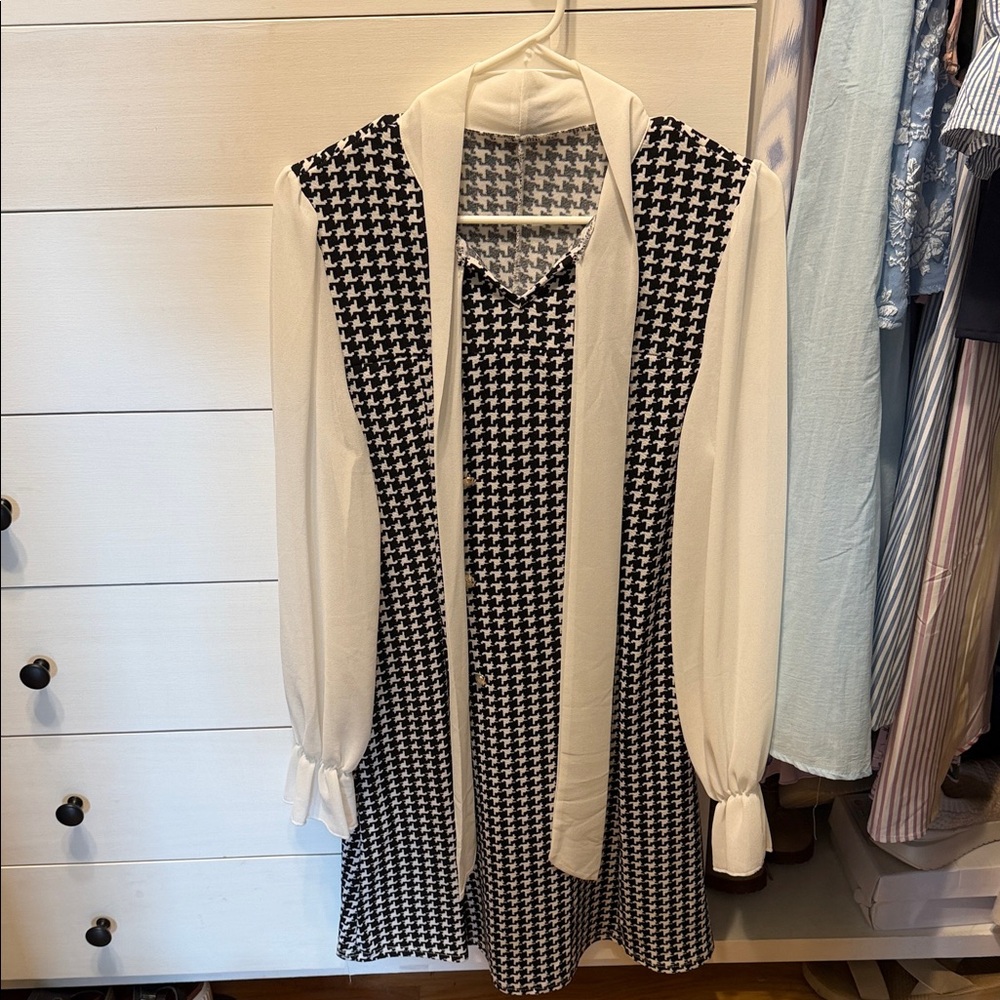 SHEIN Black and White Houndstooth Long Sleeve Dress